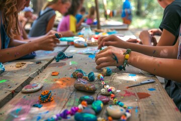 Children engaging in creative art and craft activities, painting colorful stones at a workshop