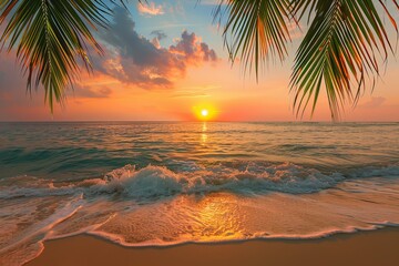 A stunning sunset scene on a sandy beach, with palm trees swaying gently in the breeze as waves crash along the shore. Generative AI