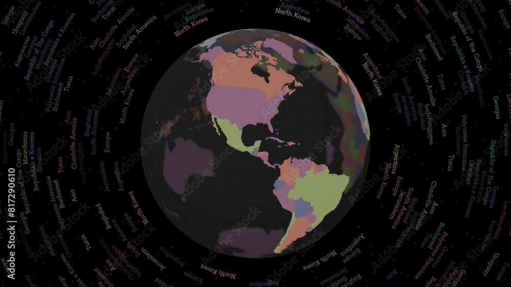 Poster rotating globe. dark translucent globe with round geographical names text. amazing spinning planet. 