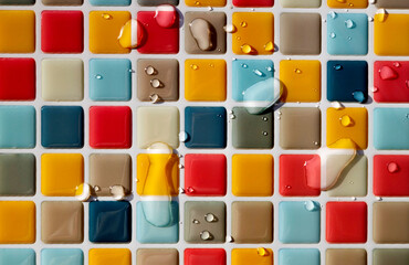 closeup of colorful tile squares of the edge of the pool with water drops