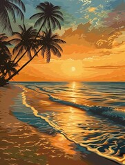 A painting depicting a beach at sunset, with palm trees silhouetted against the sky. Generative AI