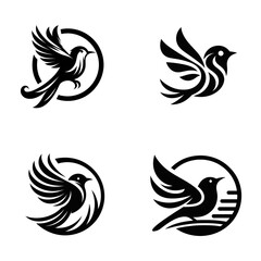 Set of minimalist birds logo silhouettes on white background