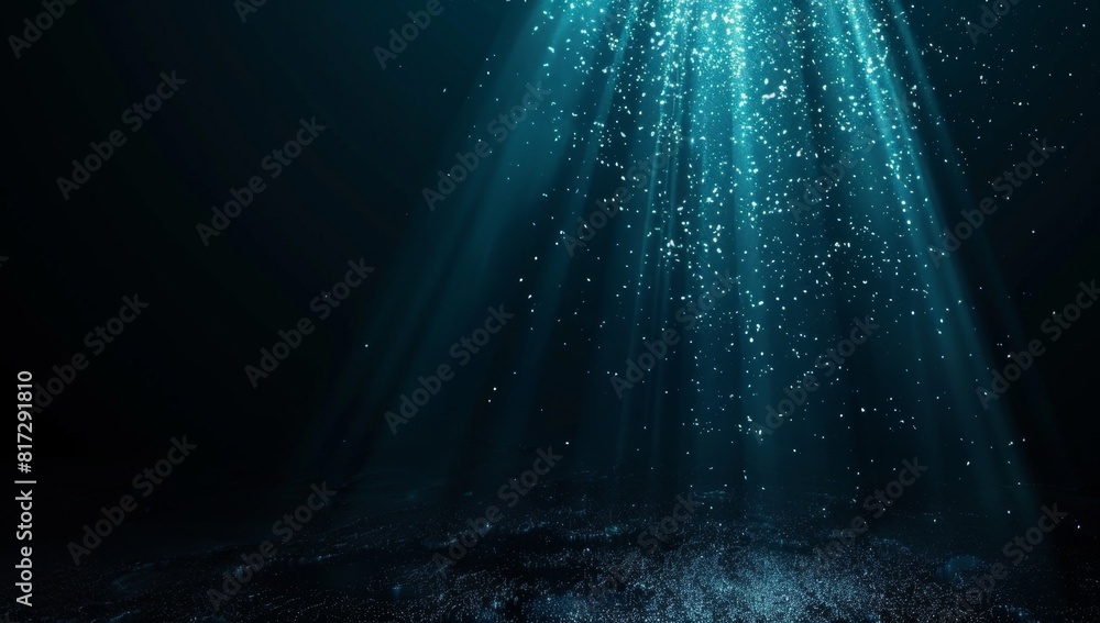 Poster a black background with a small amount of light blue particles in the center, illuminated in the sty