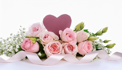 pink roses and eustoma lisianthus flowers with silk ribbon heart in a festive floral arrangement for valentine day isolated on white or transparent background
