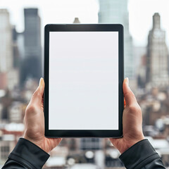 male hands holding tablet with blank screen over blurred city background, mock up