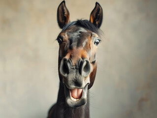 hylarious horse  yelling, comic image, Smiling horse with fluffy mane on blurry background