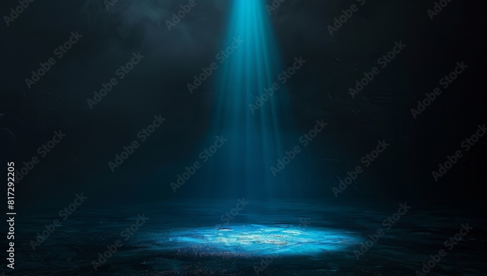 Poster a black background with a single, bright blue light shining down in the center of it creating an eff