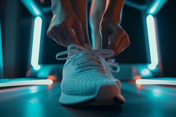 a woman tying her shoes on a treadmill at night - Powered by Adobe