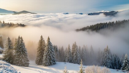 spruce trees among the morning fog in winter beautiful nature in cold season moody dramatic weather