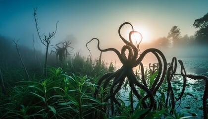 sentient extraterrestrial plants with tentacles and glowing eyes living in the wetlands on a dark alien planet misty swamp landscape in dim light of a distant sun alien wildlife