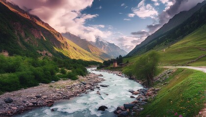 mountain river landscape with sky
