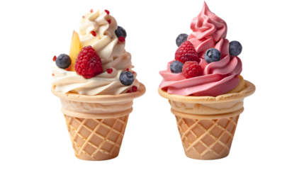  A duo of swirled frozen yogurt cones with vibrant fruit toppings, transparent background