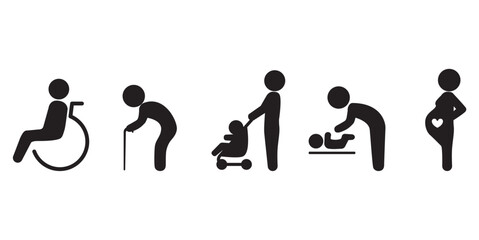 Simple set of Priority Seat icons, Human vector signs. Priority Symbols for Disabled Passenger: Elderly passenger, Pregnant, Old man, Woman with infant child and baby wheelchair, Vector transparent.