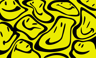 A vibrant yellow background with distorted, abstract black smiley faces dispersed throughout. The faces display a variety of expressions, and the overall design appears playful and energetic.