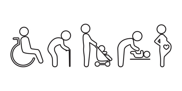 Simple line icon set of Priority Seat, Human  signs. Priority symbols for Disabled passenger: Elderly passenger, Pregnant, Old man, Woman with infant child and baby wheelchair, Vector transparent.