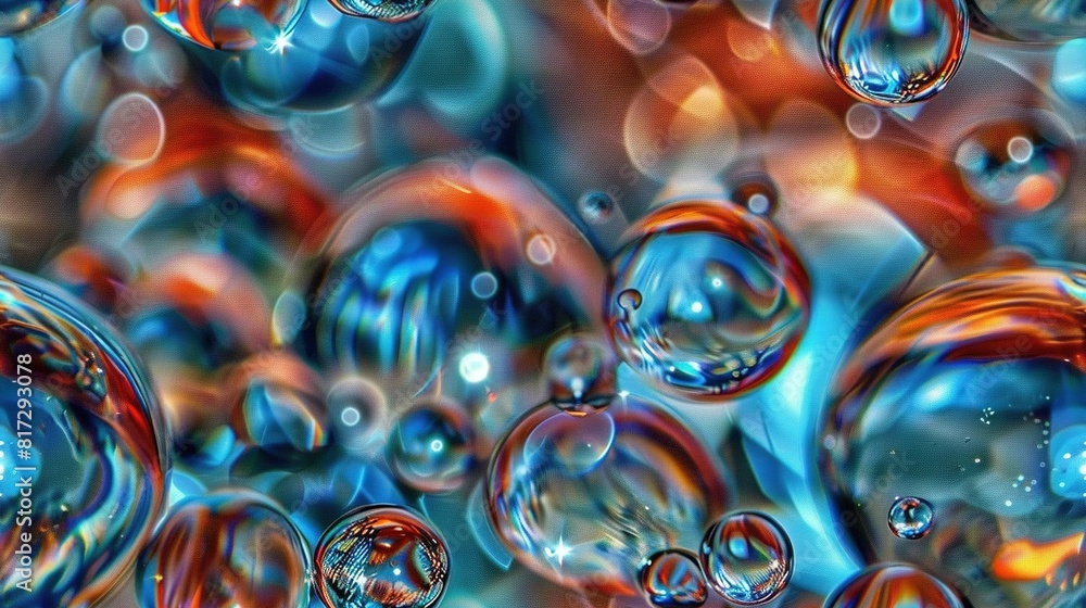Poster a sea of colorful bubbles floats on a blue and red canvas, each bubble bouncing and drifting in mida