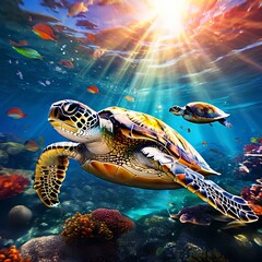 Turtle family gliding underwater. Vibrant coral reef, turquoise waters. 