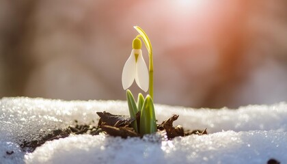 a snowdrop sprouting from the ground and snow illuminated by sunshine