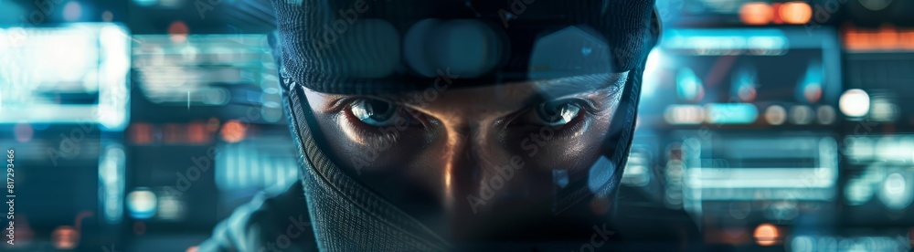Poster close up of a hacker at work, surrounded by screens displaying breached systems, their face obscured