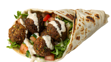  A falafel wrap bursting with falafel balls, crisp lettuce, tomatoes, and creamy sauce,, transparent background