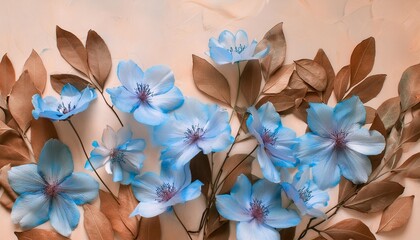 beautiful painting of delicate blue flowers on a soft beige background with brown and green leaves