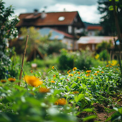  a garden in a plate town. Summer season. View from the ground with blur in the background.