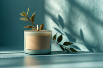 A visually appealing mockup of an elegant candle, placed on the right side against a soft blue background with gentle shadows cast by a plant leaf