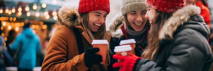 Fototapeta premium A group of laughter-filled friends in winter attire enjoy warm coffees during a chilly outdoor gathering