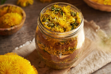 Preparation of dandelion syrup from fresh flowers and brown sugar