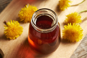 A jar of dandelion honey - syrup made from fresh dandelion flowers