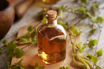 A bottle of herbal tincture with birch branches with young leaves and catkins harvested in spring
