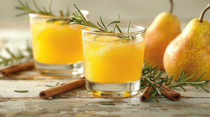 Fototapeta premium Two glasses of orange juice with cinnamon sticks and pears on a wooden table nearby