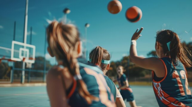Close up of a netball game with players wearing intelligent uniforms that adapt to environmental conditions and enhance their natural movements, sharpen with copy space