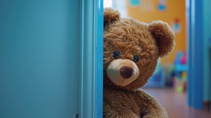 A cute brown Teddy bear peeks out from behind the door ready to surprise and celebrate the special holiday festivities It s all part of the playful game at the daycare center where kids eage