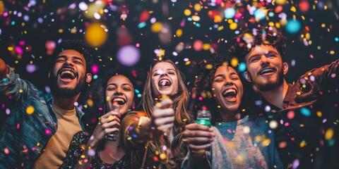 A diverse group of friends celebrating joyfully, surrounded by flying confetti and vibrant colors