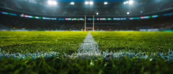 Close up of a rugby match on a field that senses player positions and ball status to provide stats to coaches and viewers on floating displays around the stadium