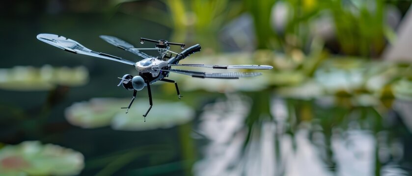Close up of a robotic damselfly, skimming over a clean, artificial pond, its sensors monitoring water quality and adjusting it with microfilters, sharpen with copy space