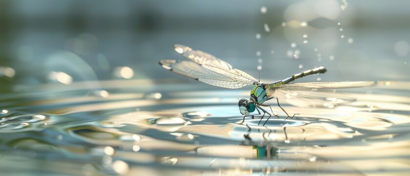 Close up of a robotic damselfly, skimming over a clean, artificial pond, its sensors monitoring water quality and adjusting it with microfilters, sharpen with copy space
