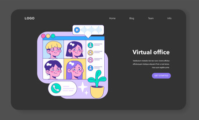 Engaging online group video call featuring diverse faces in a colorful interface, complete with play button, voice waveforms, and a vibrant call-to-action. Flat vector illustration.
