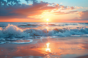 Fototapeta premium Ocean waves crashing on the beach at sunset with vibrant sky colors. High-resolution seascape photograph. Nature and sunset photography concept. Design for posters and backgrounds. Panoramic view