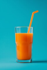 orange juice in a glass with a straw on a blue background