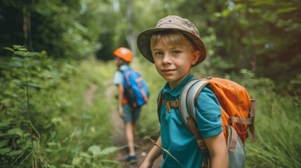two boys hiking in the forest