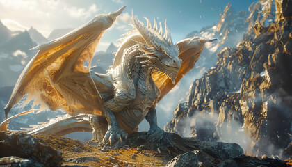 Capture a birds-eye view of majestic mythical creatures seamlessly integrated into sleek futuristic technologies