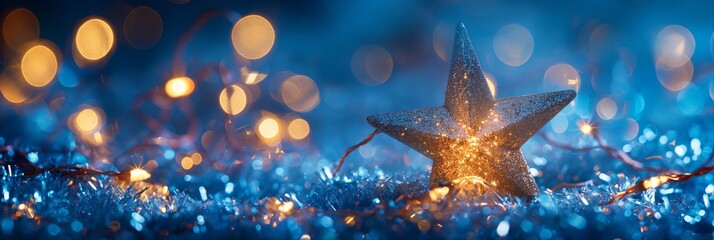 A sparkling star and festive lights offer a magical atmosphere on a blue bokeh background