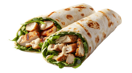 Chicken Caesar wrap cut in half, grilled chicken, fresh romaine lettuce, parmesan cheese, drizzled with creamy Caesar dressing,, transparent background