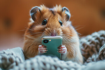 A hamster holding a smartphone while looking at the camera. Smart, cute hamster uses phone to surf the internet.