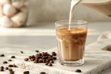 a glass of iced coffee being poured into a glass