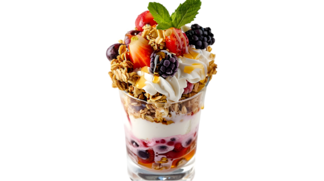  A frozen yogurt parfait, layered with fruit, granola, and drizzled with honey, set, transparent background