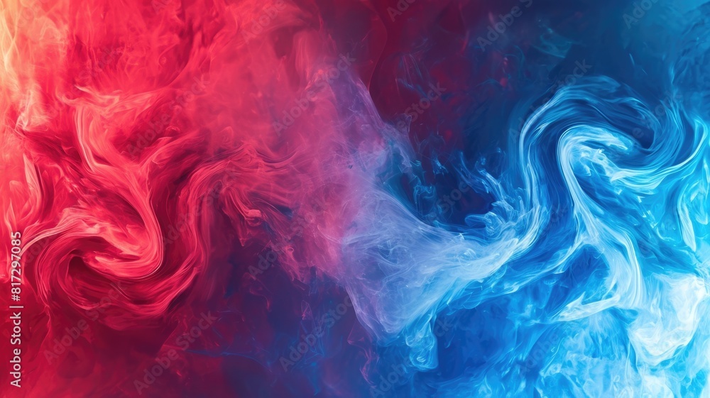 Poster the abstract picture of the two colours between blue and red colour that has been mixing with each o