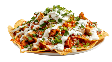  A generous serving of loaded nachos layered with seasoned chicken, queso, and sour cream, with cilantro sprinkled on top,, transparent background